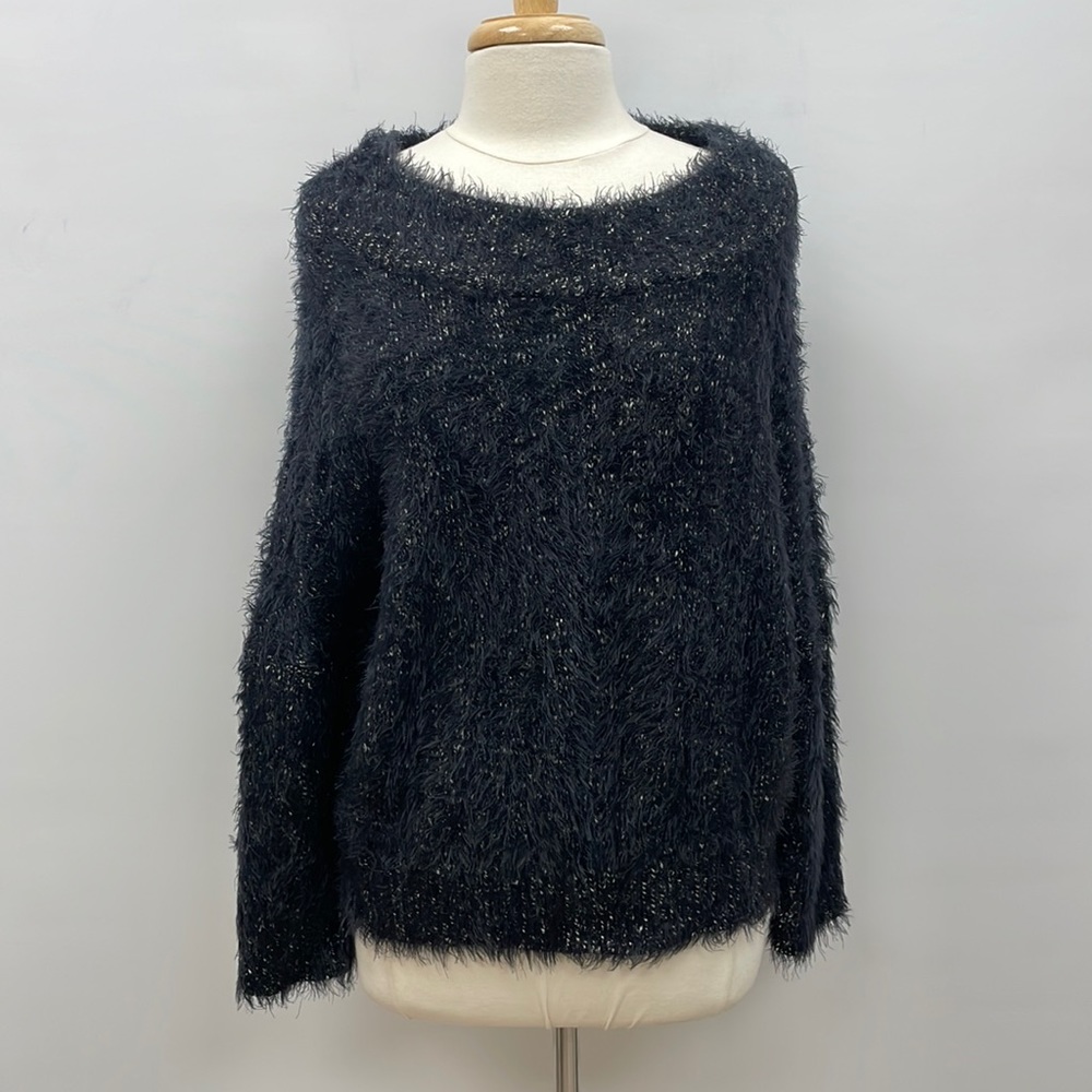 Express Chunky Eyelash Knit Boatneck Slouchy Sweater Cozy Business Black Small - Picture 1 of 9